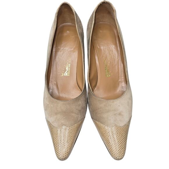 VTG Salvatore Ferragamo Suede Pumps Womens 7.5 Western Bohemian Animal Print Lux - Picture 1 of 10